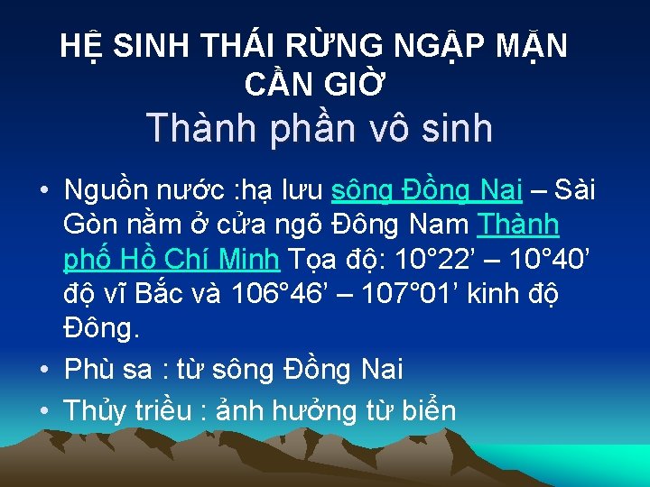 HỆ SINH THÁI RỪNG NGẬP MẶN CẦN GIỜ Thành phần vô sinh • Nguồn