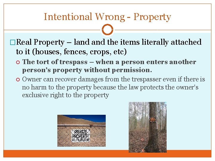 Intentional Wrong - Property �Real Property – land the items literally attached to it