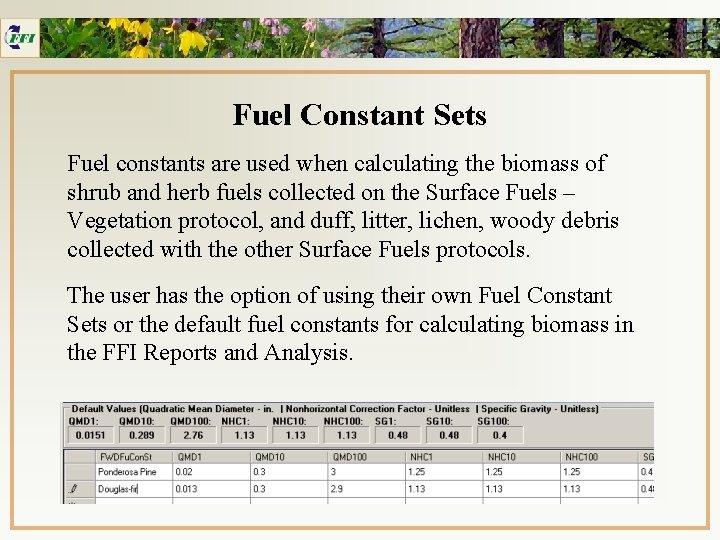 Fuel Constant Sets Fuel constants are used when calculating the biomass of shrub and