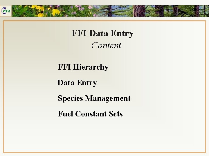 FFI Data Entry Content FFI Hierarchy Data Entry Species Management Fuel Constant Sets 