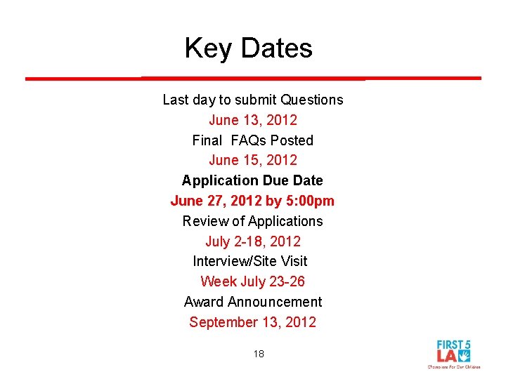 Key Dates Last day to submit Questions June 13, 2012 Final FAQs Posted June