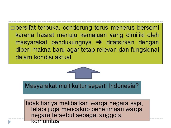 � bersifat terbuka, cenderung terus menerus bersemi karena hasrat menuju kemajuan yang dimiliki oleh