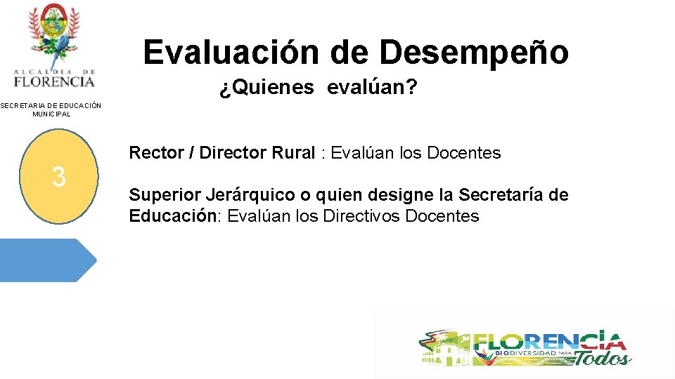 Evaluación de Desempeño ¿Quienes evalúan? SECRETARIA DE EDUCACIÓN MUNICIPAL 3 Rector / Director Rural