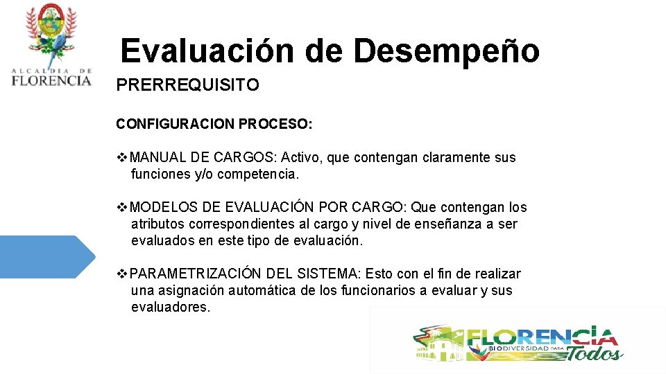 Evaluación de Desempeño PRERREQUISITO CONFIGURACION PROCESO: v. MANUAL DE CARGOS: Activo, que contengan claramente