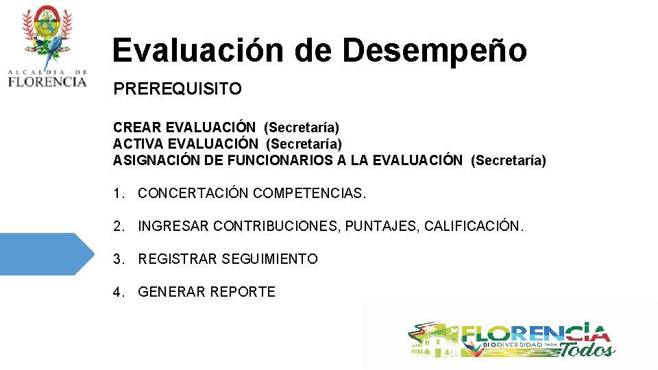 Evaluación de Desempeño PREREQUISITO CREAR EVALUACIÓN (Secretaría) ACTIVA EVALUACIÓN (Secretaría) ASIGNACIÓN DE FUNCIONARIOS A