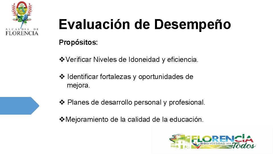 Evaluación de Desempeño Propósitos: v. Verificar Niveles de Idoneidad y eficiencia. v Identificar fortalezas