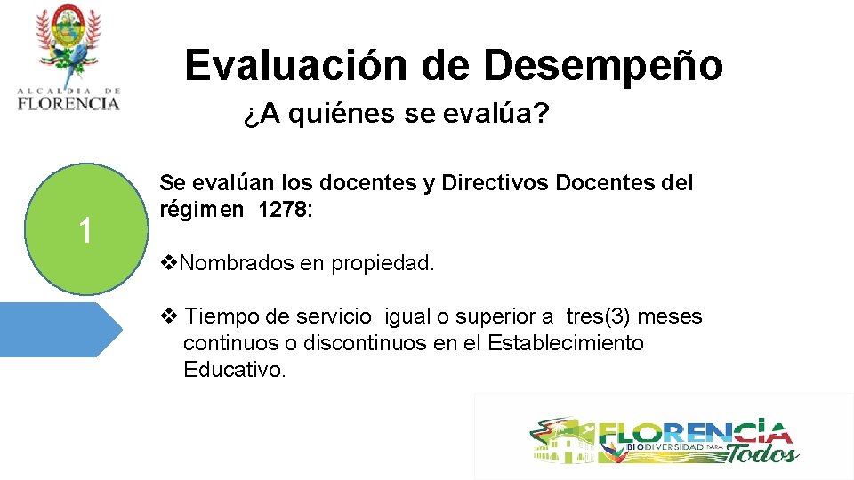 Evaluación de Desempeño ¿A quiénes se evalúa? 1 Se evalúan los docentes y Directivos