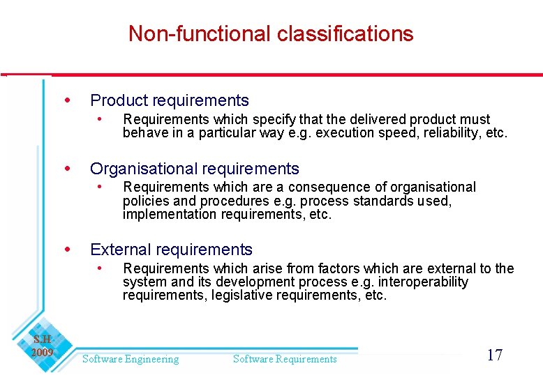 Non-functional classifications Product requirements • Organisational requirements • Requirements which are a consequence of