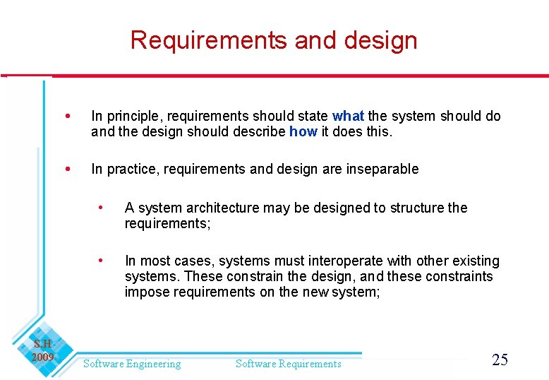 Requirements and design S. H 2009 In principle, requirements should state what the system