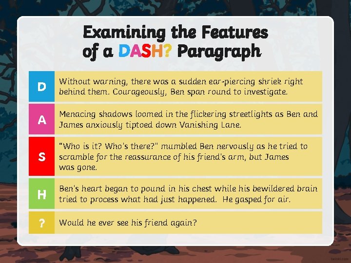 Examining the Features of a DASH? Paragraph D Without warning, there was a sudden