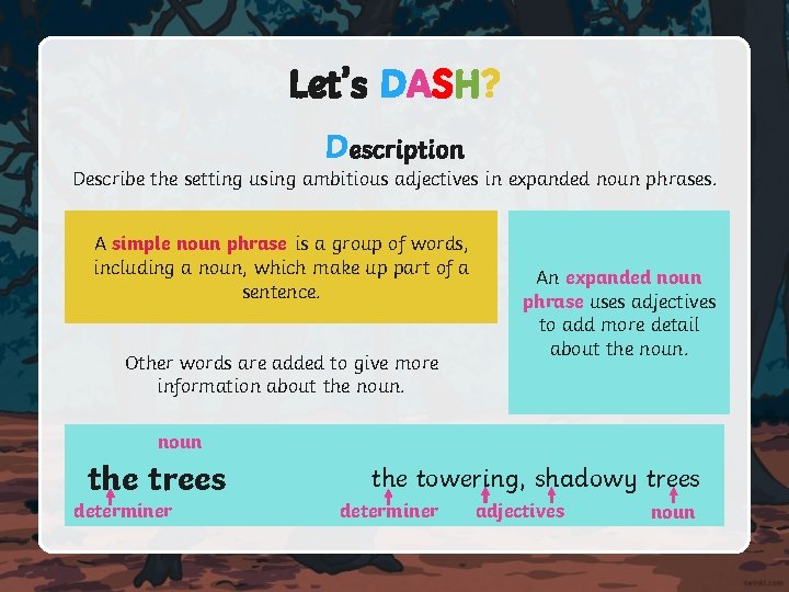 Let’s DASH? Description Describe the setting using ambitious adjectives in expanded noun phrases. A