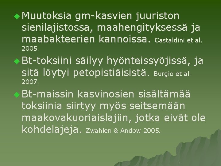 u Muutoksia gm-kasvien juuriston sienilajistossa, maahengityksessä ja maabakteerien kannoissa. Castaldini et al. 2005. u