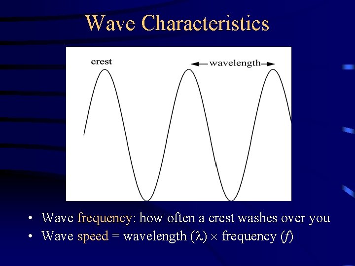 Wave Characteristics • Wave frequency: how often a crest washes over you • Wave