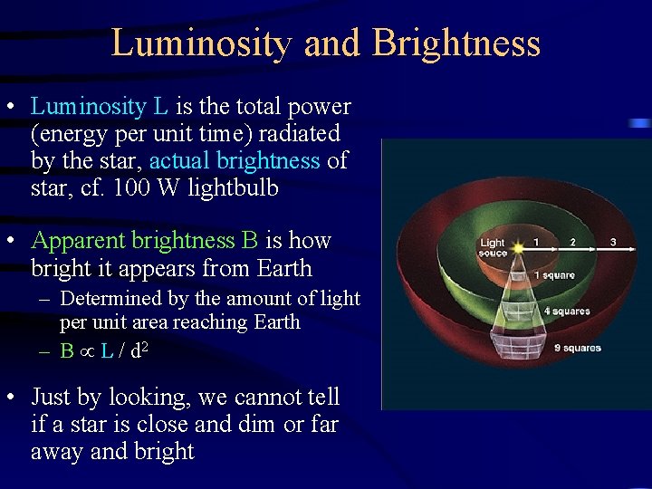 Luminosity and Brightness • Luminosity L is the total power (energy per unit time)