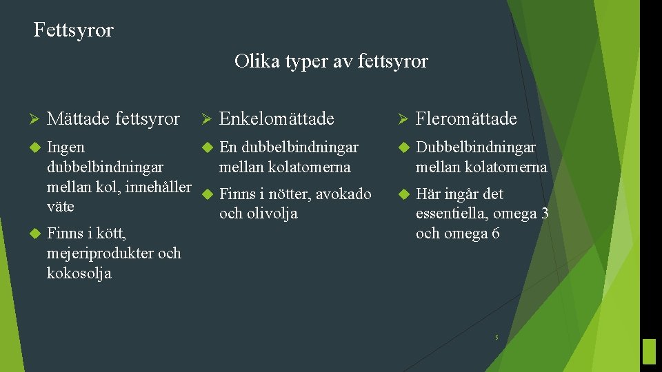 Fettsyror Olika typer av fettsyror Ø Mättade fettsyror Ø Enkelomättade En dubbelbindningar Ingen mellan