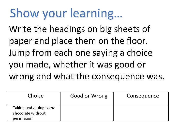 Show your learning… Write the headings on big sheets of paper and place them