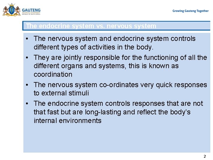 The endocrine system vs. nervous system • The nervous system and endocrine system controls