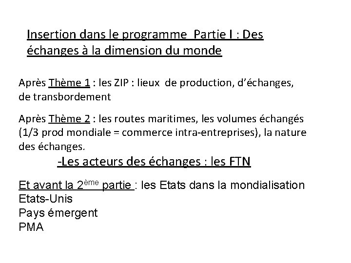 Insertion dans le programme Partie I : Des échanges à la dimension du monde