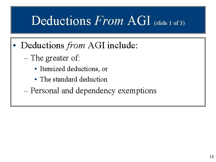 Deductions From AGI (slide 1 of 3) • Deductions from AGI include: – The