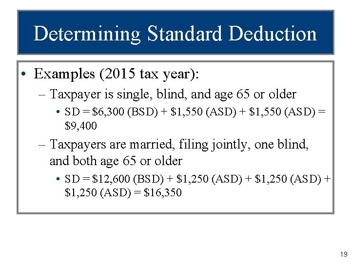 Determining Standard Deduction • Examples (2015 tax year): – Taxpayer is single, blind, and
