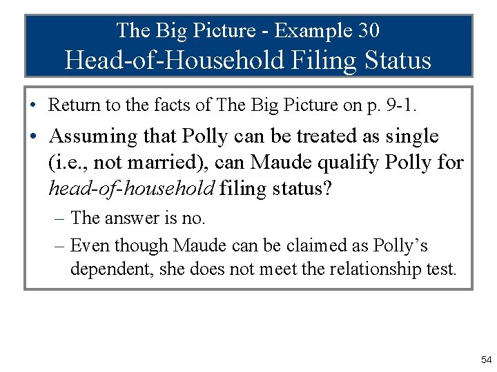 The Big Picture - Example 30 Head-of-Household Filing Status • Return to the facts