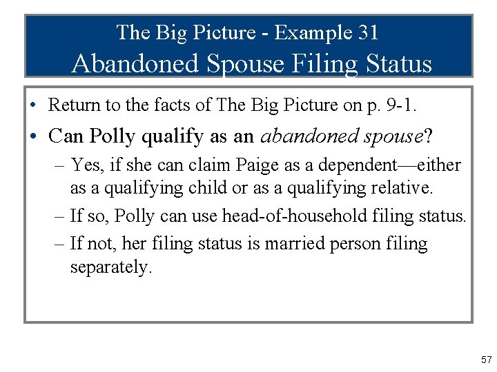 The Big Picture - Example 31 Abandoned Spouse Filing Status • Return to the