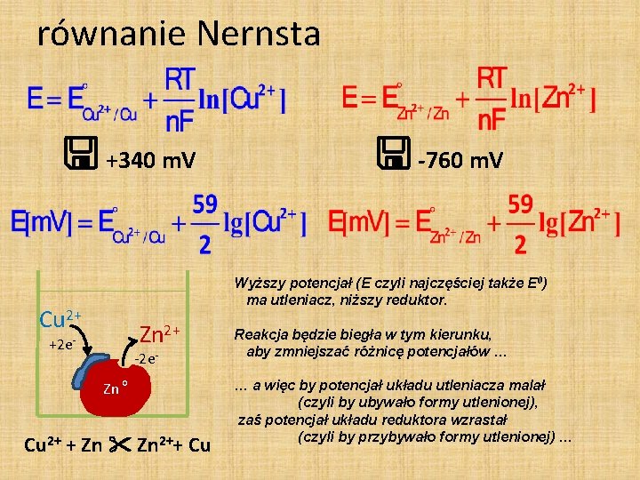 równanie Nernsta +340 m. V -760 m. V Wyższy potencjał (E czyli najczęściej także