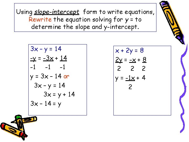 Using slope-intercept form to write equations, Rewrite the equation solving for y = to