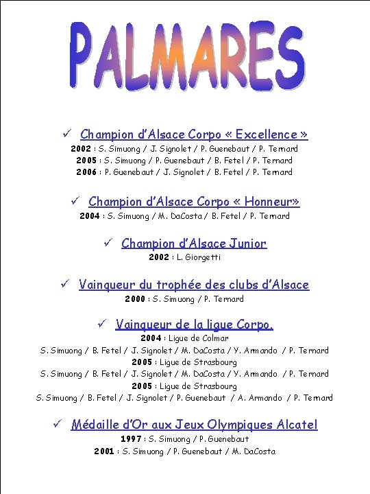 ü Champion d’Alsace Corpo « Excellence » 2002 : S. Simuong / J. Signolet