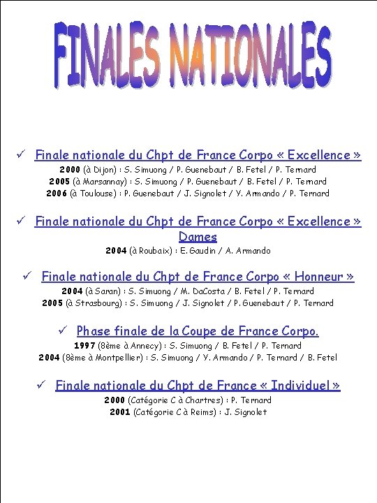 ü Finale nationale du Chpt de France Corpo « Excellence » 2000 (à Dijon)