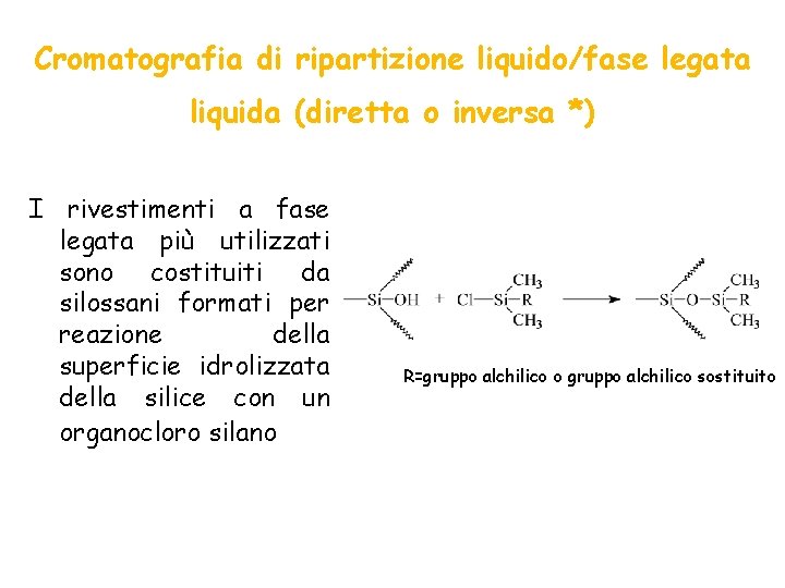 Cromatografia di ripartizione liquido/fase legata liquida (diretta o inversa *) I rivestimenti a fase