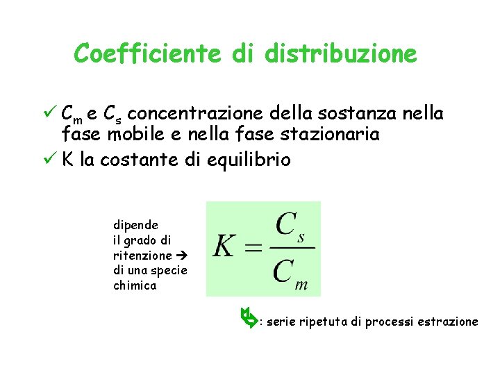 Coefficiente di distribuzione ü Cm e Cs concentrazione della sostanza nella fase mobile e