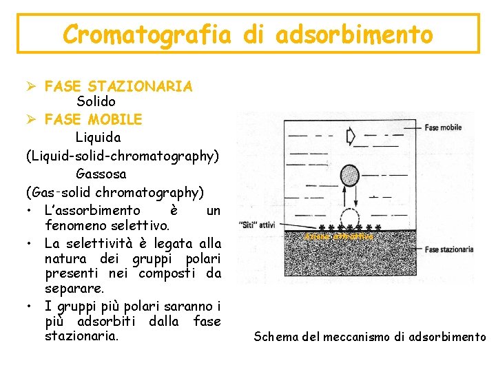Cromatografia di adsorbimento Ø FASE STAZIONARIA Solido Ø FASE MOBILE Liquida (Liquid-solid-chromatography) Gassosa (Gas‑solid