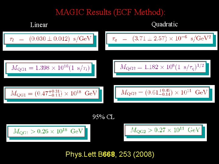 MAGIC Results (ECF Method): Quadratic Linear 95% CL Phys. Lett B 668, 253 (2008)