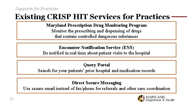 Supports for Practices Existing CRISP HIT Services for Practices Maryland Prescription Drug Monitoring Program