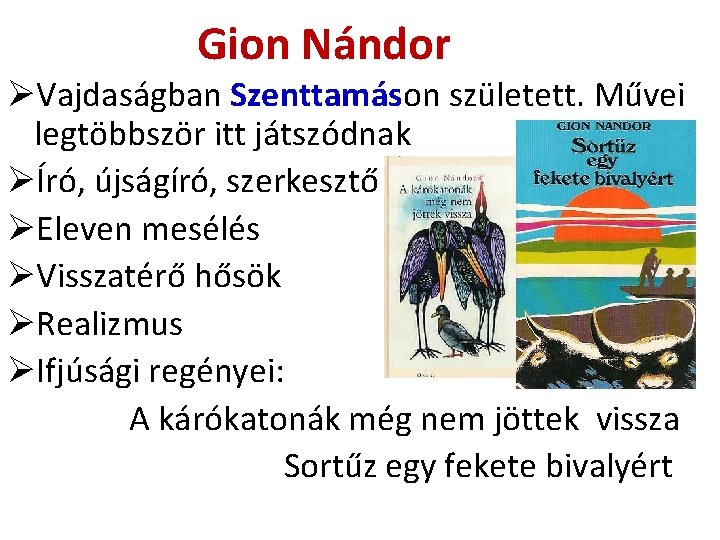 Gion Nándor ØVajdaságban Szenttamáson született. Művei legtöbbször itt játszódnak ØÍró, újságíró, szerkesztő ØEleven mesélés