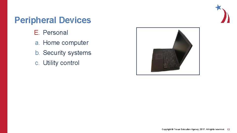 Peripheral Devices E. Personal a. Home computer b. Security systems c. Utility control Copyright