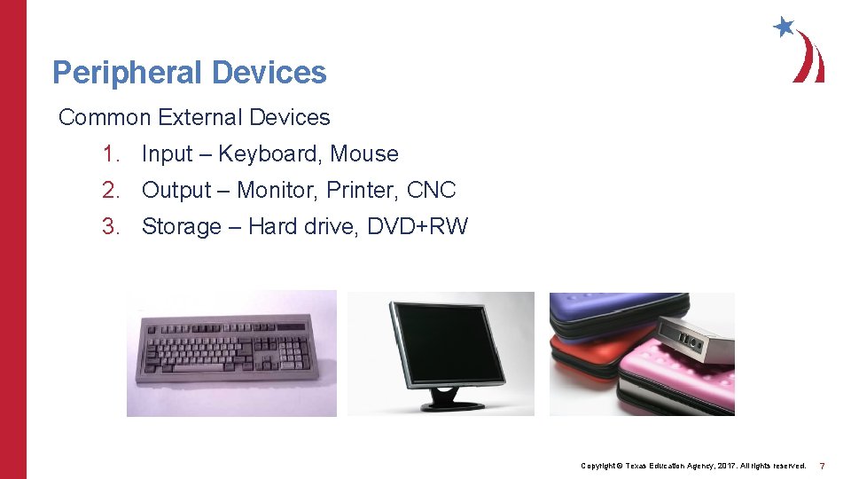 Peripheral Devices Common External Devices 1. Input – Keyboard, Mouse 2. Output – Monitor,