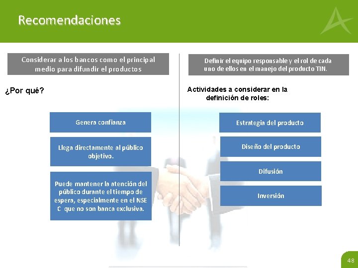 Recomendaciones Considerar a los bancos como el principal medio para difundir el productos Definir