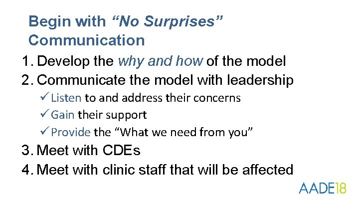 Begin with “No Surprises” Communication 1. Develop the why and how of the model
