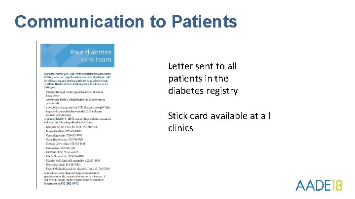 Communication to Patients Letter sent to all patients in the diabetes registry Stick card