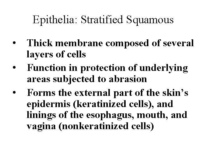 Epithelia: Stratified Squamous • • • Thick membrane composed of several layers of cells