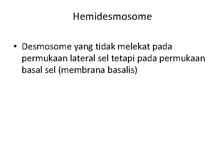 Hemidesmosome • Desmosome yang tidak melekat pada permukaan lateral sel tetapi pada permukaan basal