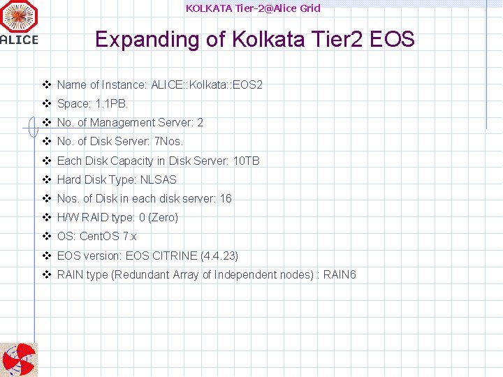 KOLKATA Tier-2@Alice Grid Expanding of Kolkata Tier 2 EOS Name of Instance: ALICE: :