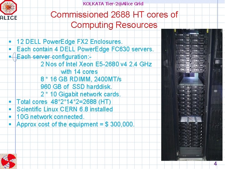 KOLKATA Tier-2@Alice Grid Commissioned 2688 HT cores of Computing Resources 12 DELL Power. Edge