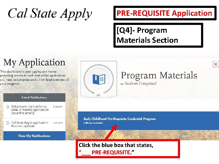 Cal State Apply PRE-REQUISITE Application [Q 4]- Program Materials Section Click the blue box