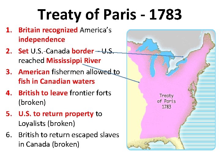 Treaty of Paris - 1783 1. Britain recognized America’s independence 2. Set U. S.