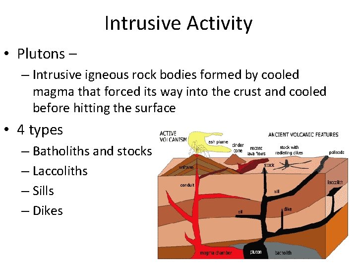 Intrusive Activity • Plutons – – Intrusive igneous rock bodies formed by cooled magma