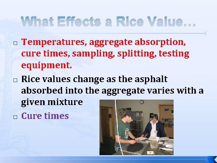 What Effects a Rice Value… � � � Temperatures, aggregate absorption, cure times, sampling,