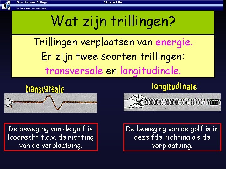 TRILLINGEN Wat zijn trillingen? Trillingen verplaatsen van energie. Er zijn twee soorten trillingen: transversale